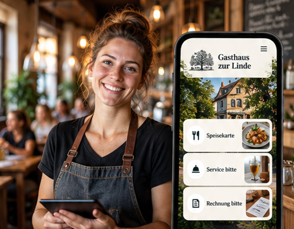 Servicekraft in einer Gaststube mit Tablet, daneben die Gästekarte des Demo-Gasthauses auf einem Handy